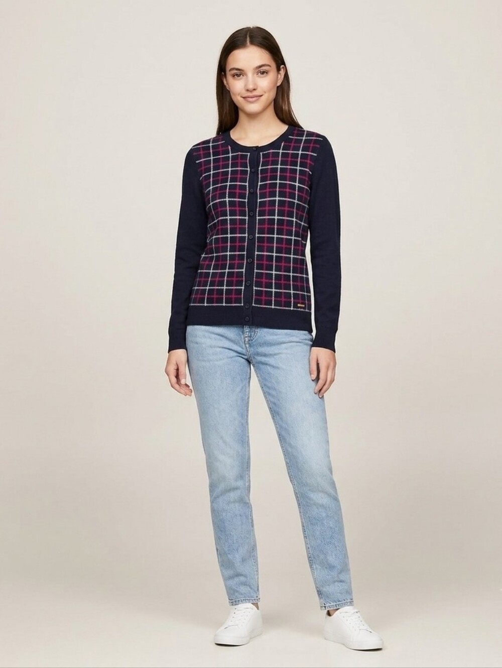 Tommy Hilfiger Navy Plaid 100% Cotton Button Front Cardigan Preppy Medium Check
